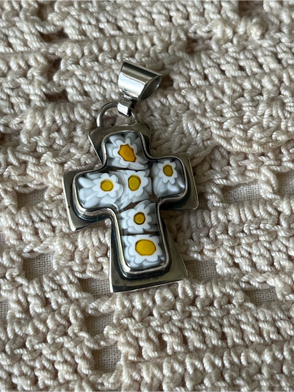 Daisy Millefiori Cross Pendant - White & Yellow. 925 Sterling Silver